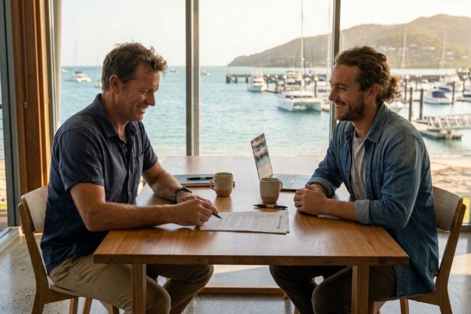 A businessman signing a service agreement in front of a service provider in Cannonvale, QLD.