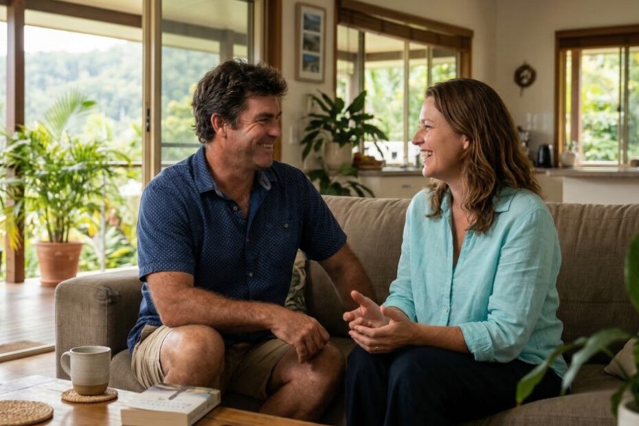 A childless couple in the living room, smiling while talking